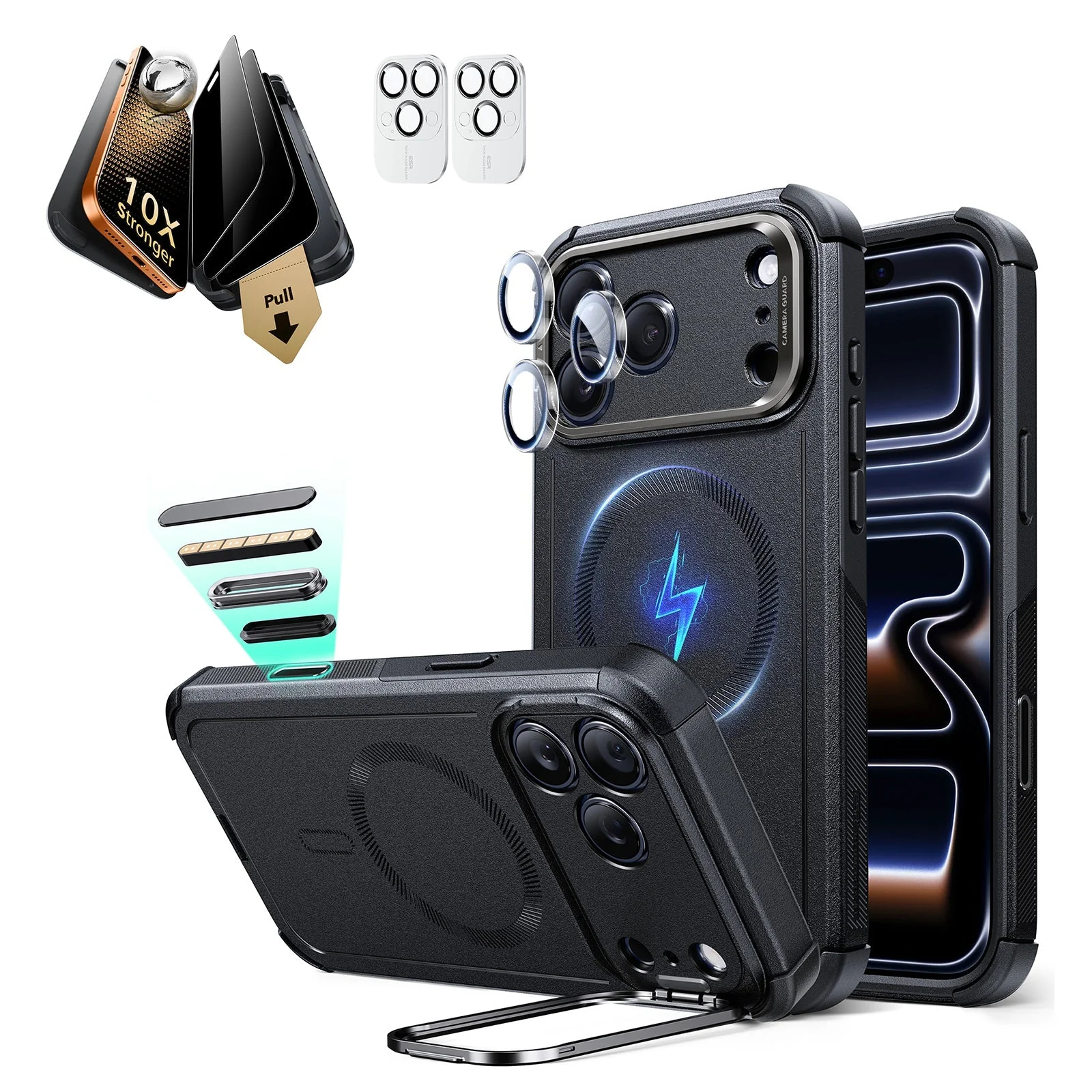 iPhone 17 Pro Bundle Cyber Tough Magnetic Case (Stash Stand) and Armorite Pro Privacy Screen Protector - Black