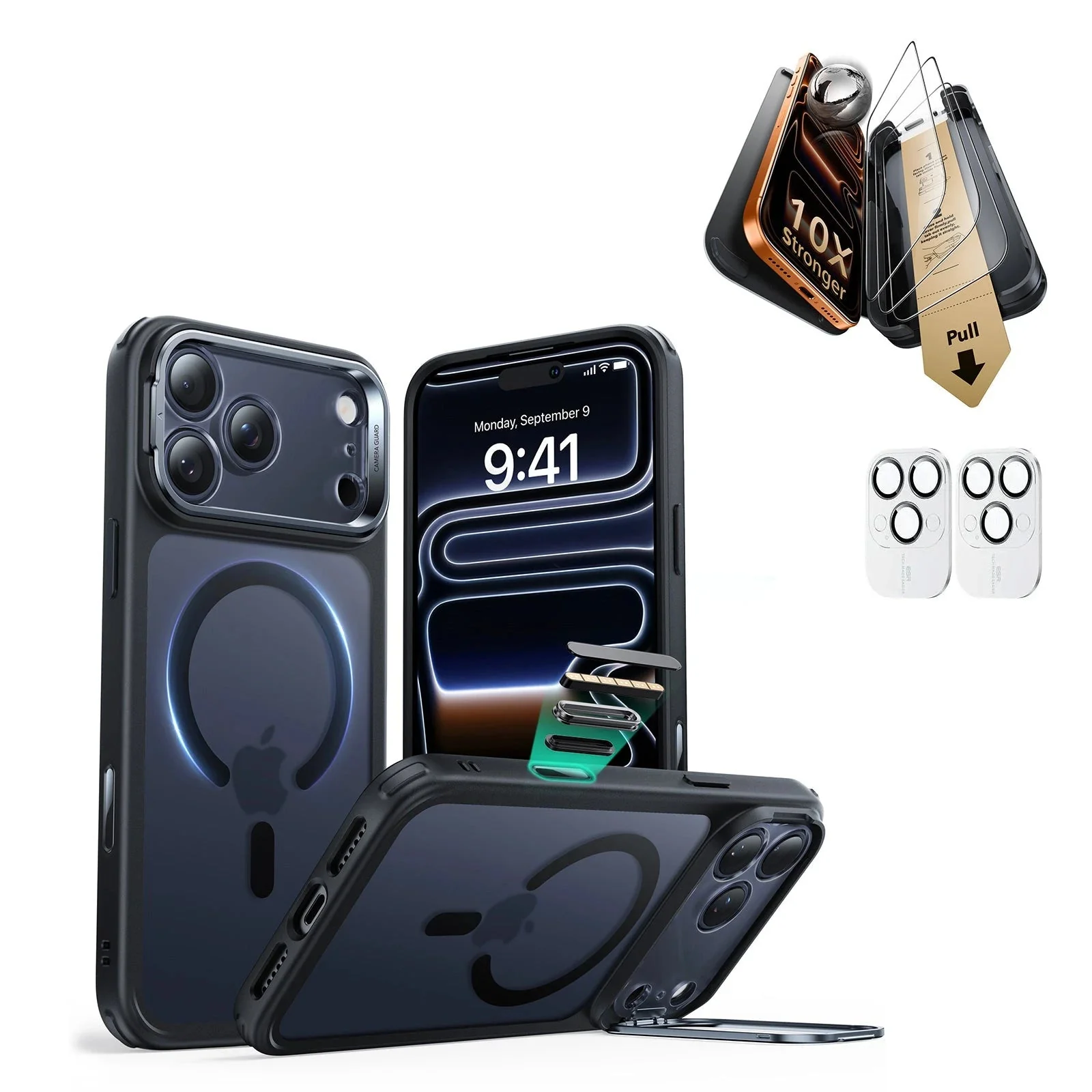 iPhone 17 Pro Max Bundle Classic Hybrid Magnetic Case (Camera Control, Stash Stand) and Armorite Pro Screen Protector - Frosted Black