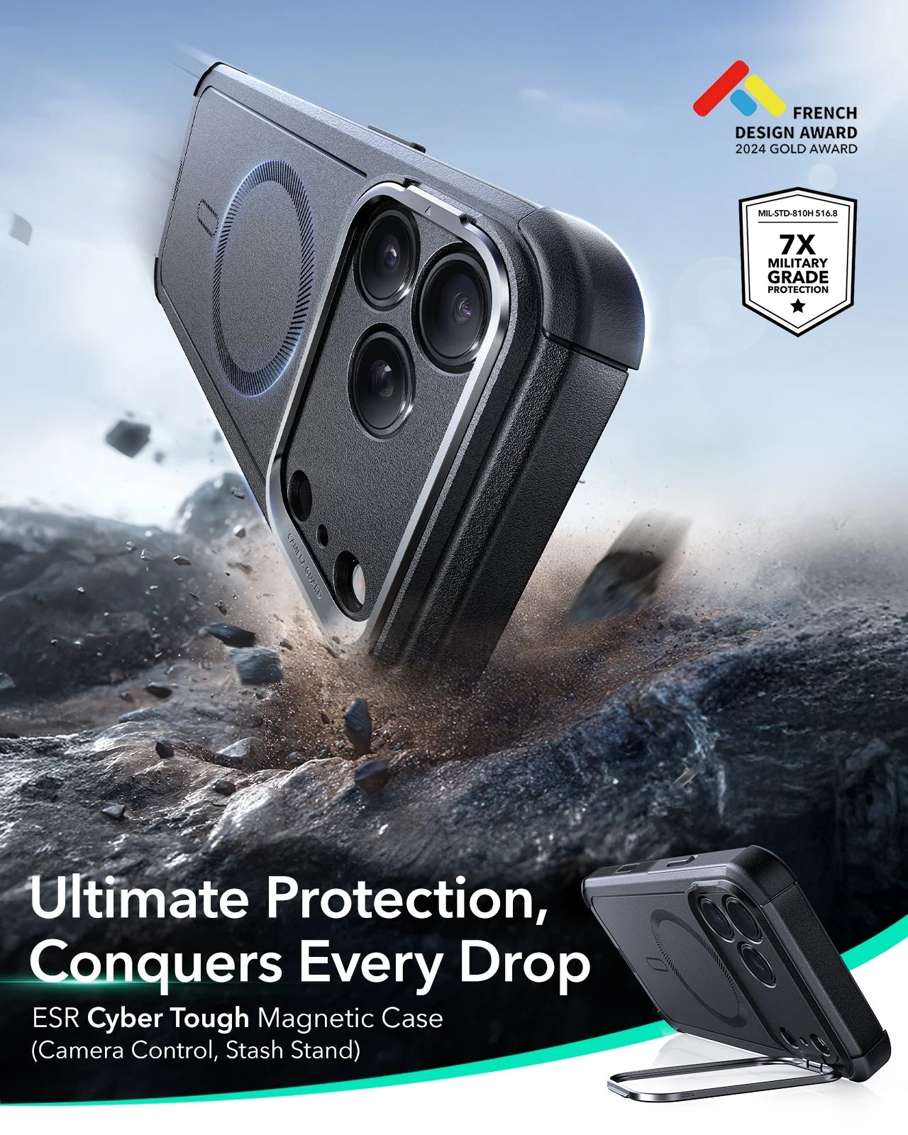 iPhone 17 Pro Max Cyber Tough Magnetic Case (Camera Control, Stash Stand) - Black - Image 2