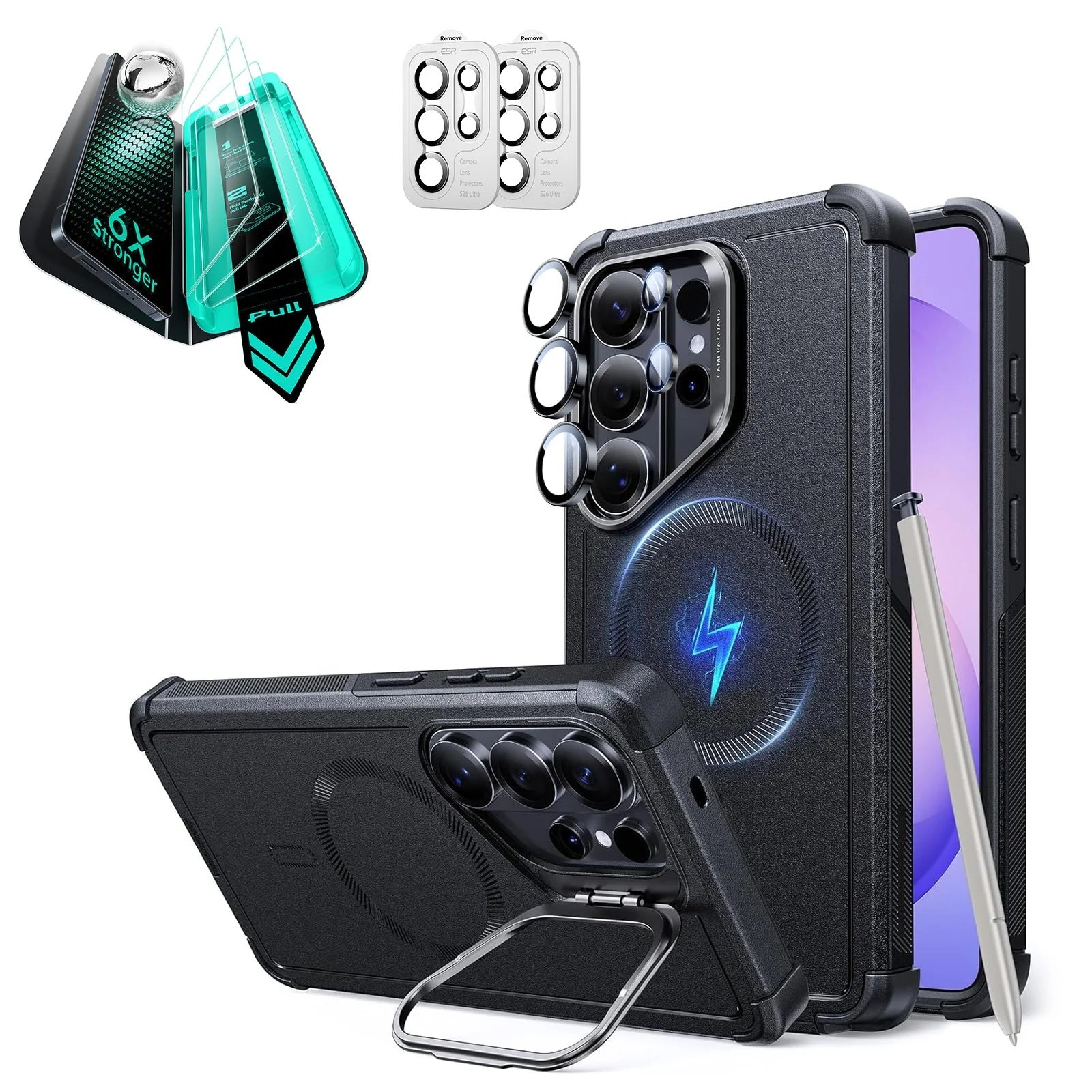 Galaxy S26 Ultra Bundle Cyber Tough Magnetic Case (Stash Stand) and Armorite® Screen Protector - Black