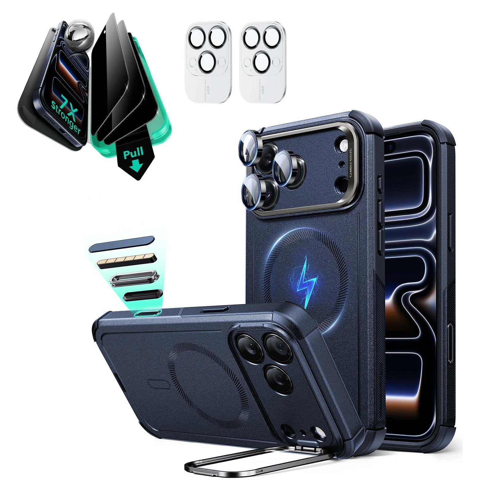 iPhone 17 Pro Bundle Cyber Tough Magnetic Case (Camera Control, Stash Stand) and Armorite Privacy Screen Protector - Navy Blue