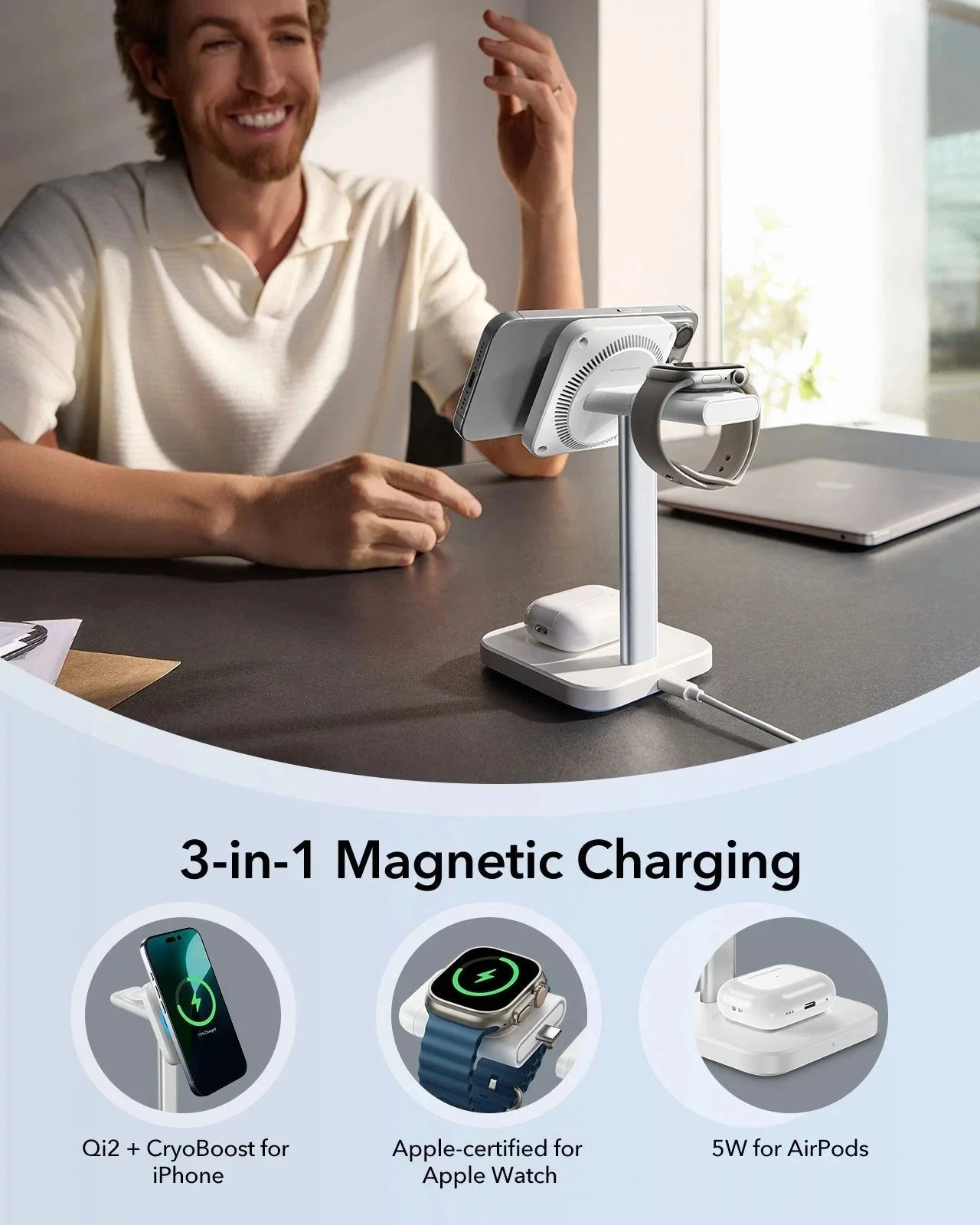 15W 3-in-1 Wireless Charging Station with CryoBoost (HaloLock) & Car Charger (Air Vent)  Bundle - Black - US Plug - Image 9