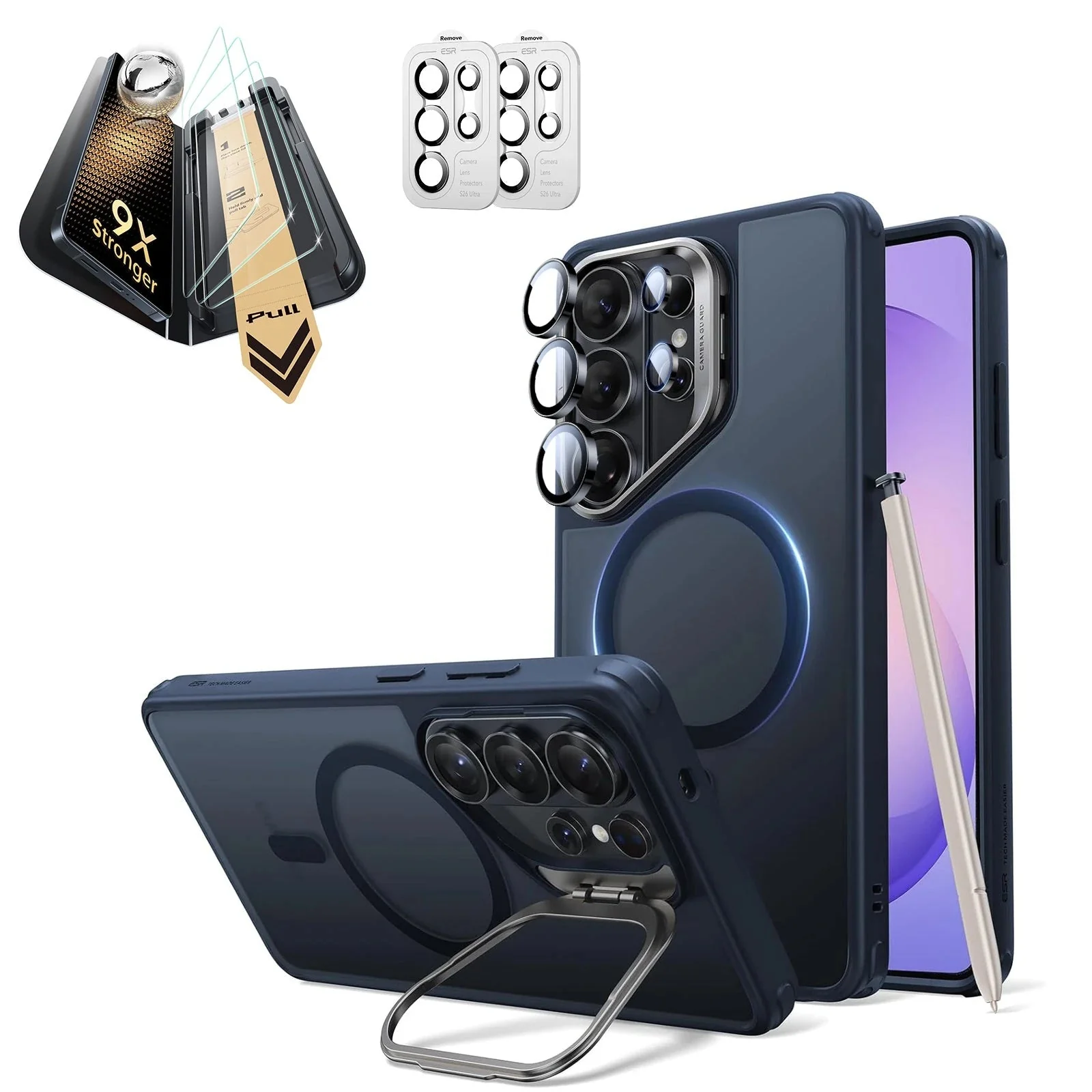 Galaxy S26 Ultra Bundle Classic Hybrid Magnetic Case (Stash Stand) and Armorite® Pro Screen Protector - Frosted Blue