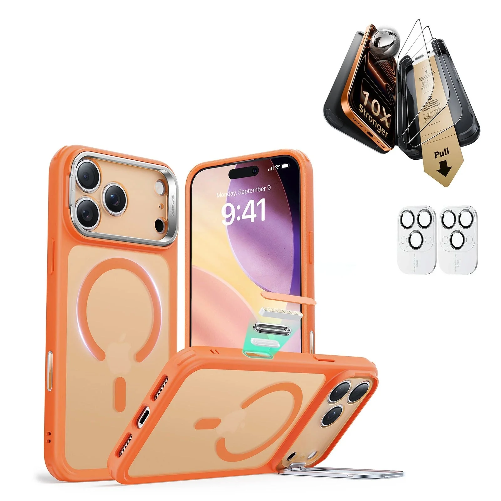 iPhone 17 Pro Bundle Classic Hybrid Magnetic Case (Camera Control, Stash Stand) and Armorite Pro Screen Protector - Frosted Orange