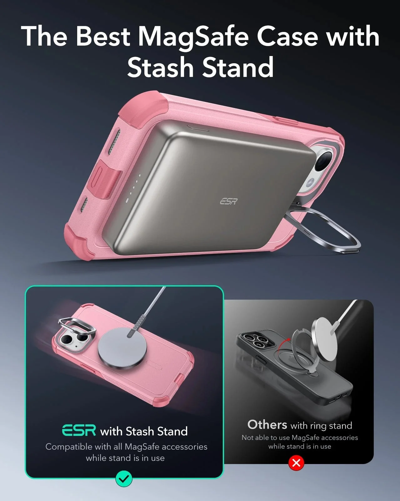 iPhone 14/13 Cyber Tough Magnetic Case (Stash Stand) - Pink - Image 4