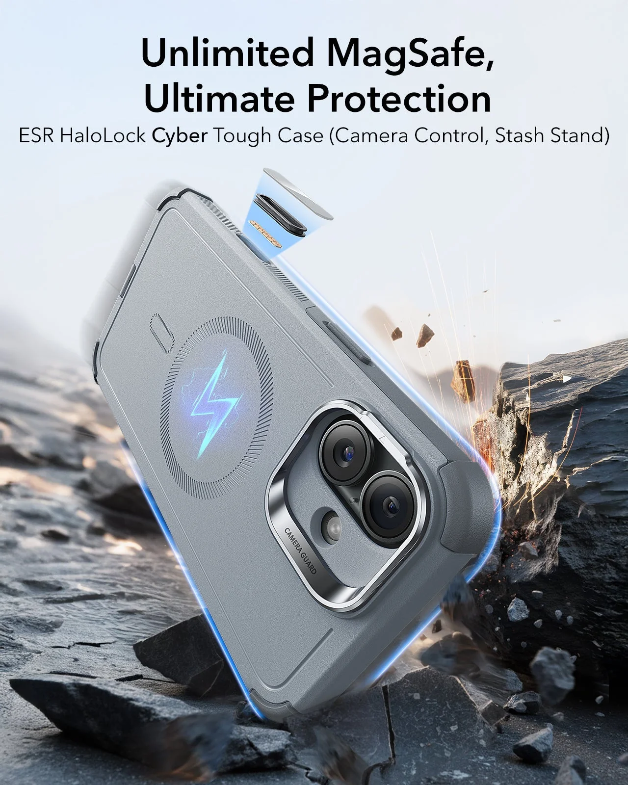 iPhone 16 Cyber Tough Magnetic Case (Camera Control, Stash Stand) - Light Grey - Image 2