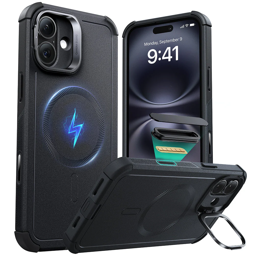 iPhone 16 Cyber Tough Magnetic Case (Camera Control, Stash Stand) - Black