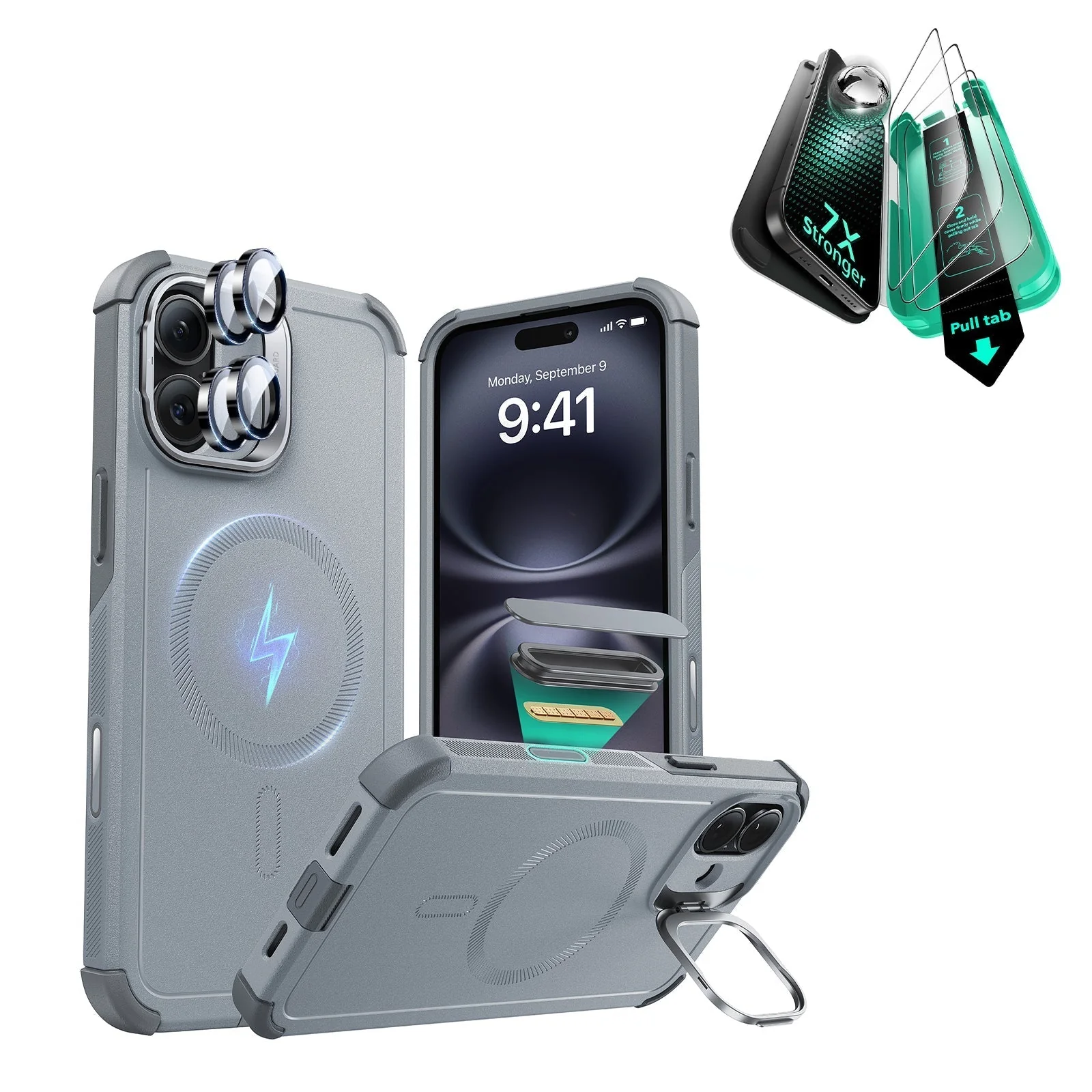 iPhone 16 Plus Cyber Tough Magnetic Case Protection Bundle (Camera Control, Stash Stand) - Clear Grey