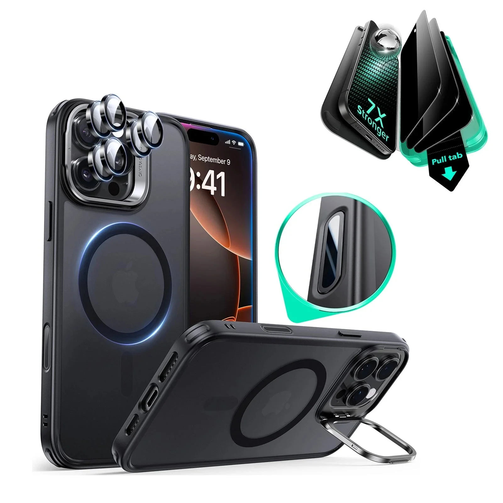 iPhone 16 Pro Classic Hybrid Magnetic Case (Camera Control, Stash Stand) & Privacy Screen Protector Bundle - Frosted Black