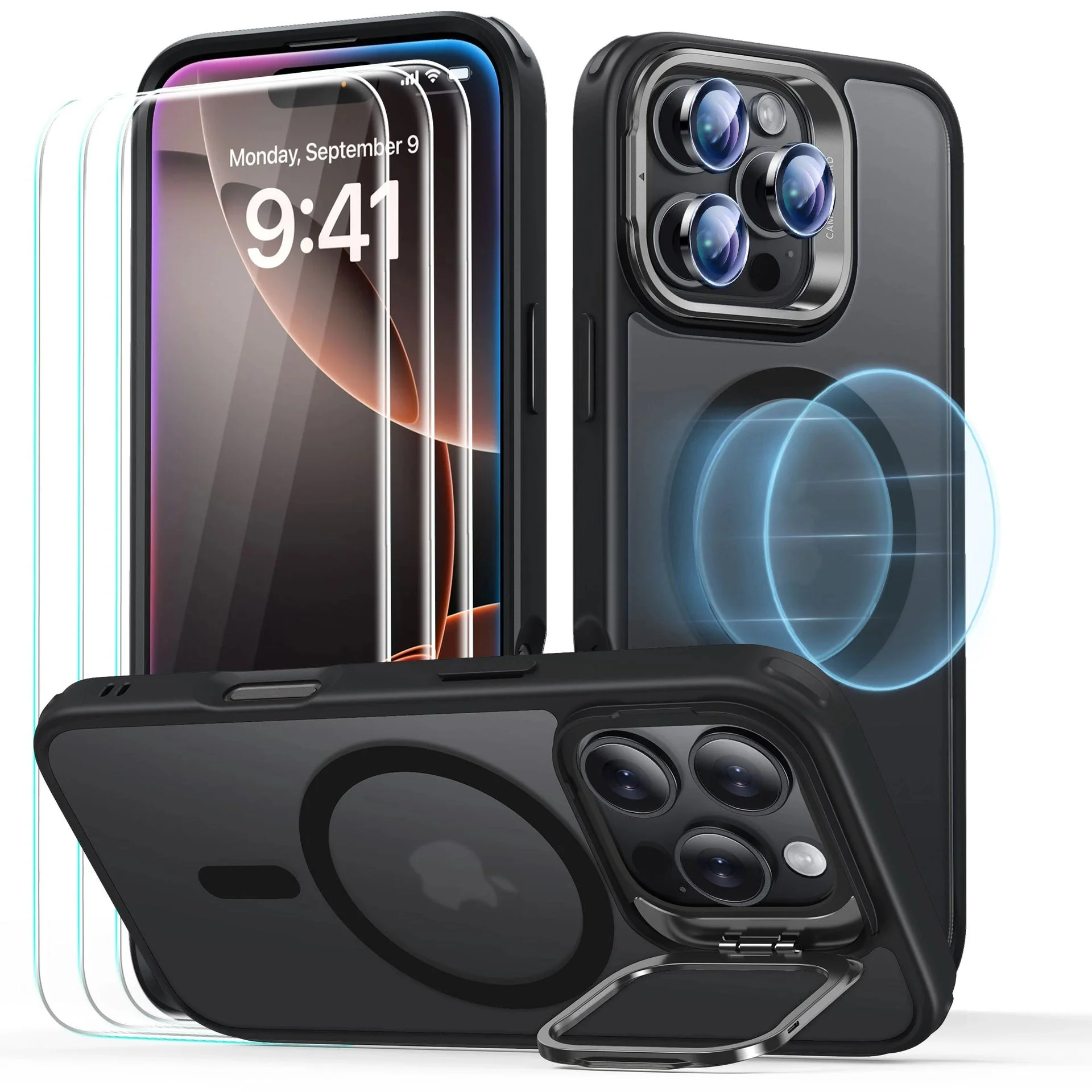 iPhone 16 Pro Classic Hybrid with Stash Stand Protection Bundle - Frosted Black