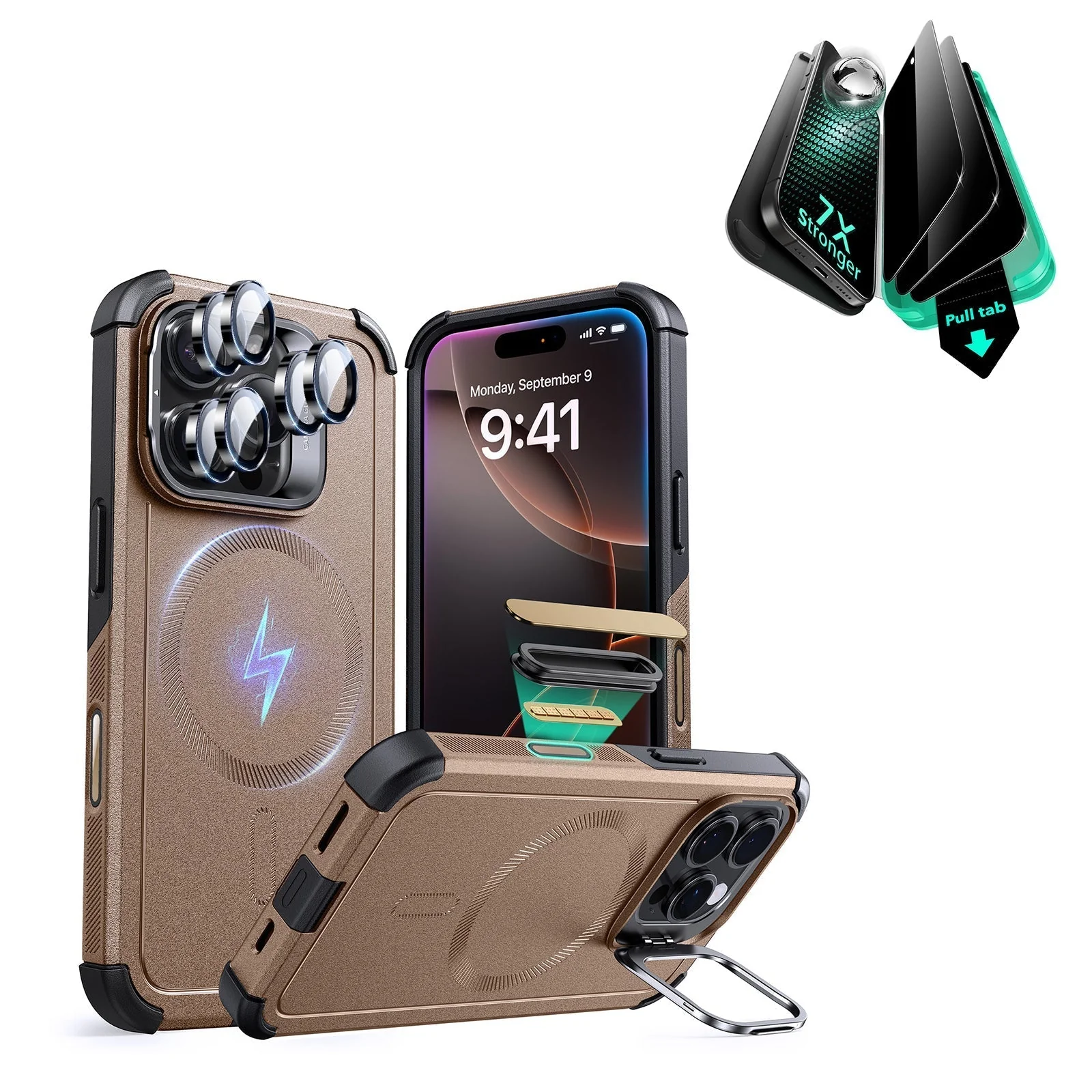 iPhone 16 Pro Cyber Tough Magnetic Case Privacy Protection Bundle (Camera Control, Stash Stand) - Desert Titanium