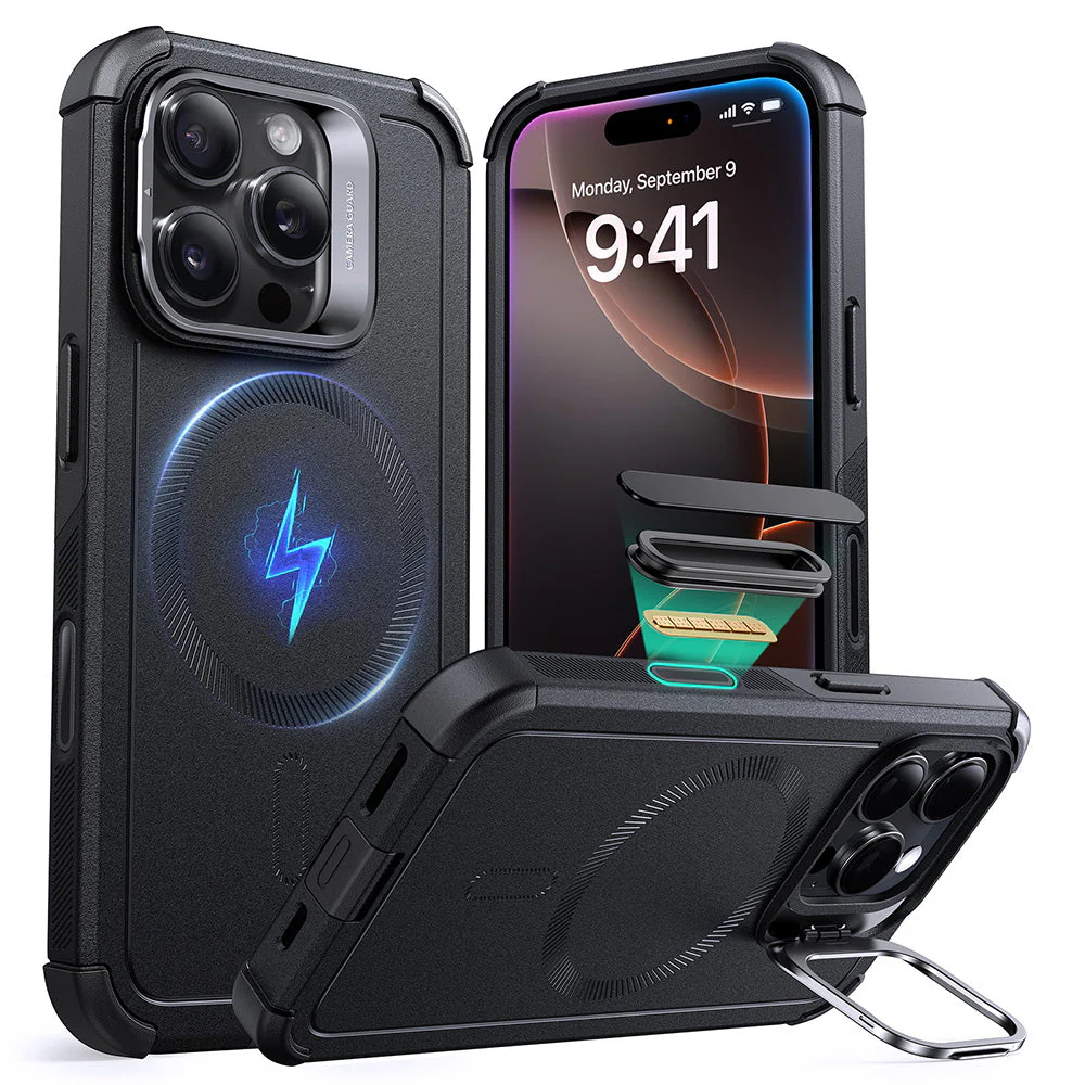 iPhone 16 Pro Max Cyber Tough Magnetic Case (Camera Control, Stash Stand) - Black