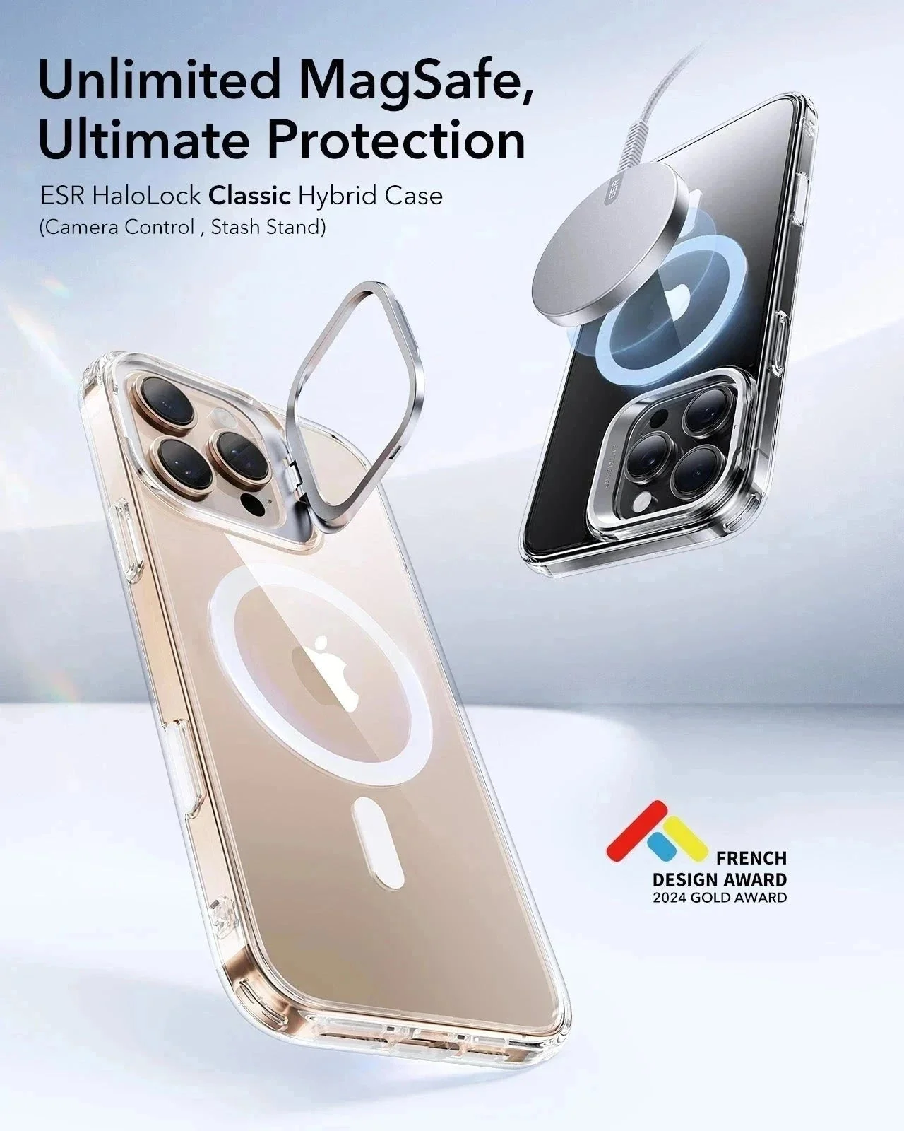iPhone 16 Pro Max Classic Hybrid Magnetic Case (Camera Control, Stash Stand) - Clear Grey - Image 2