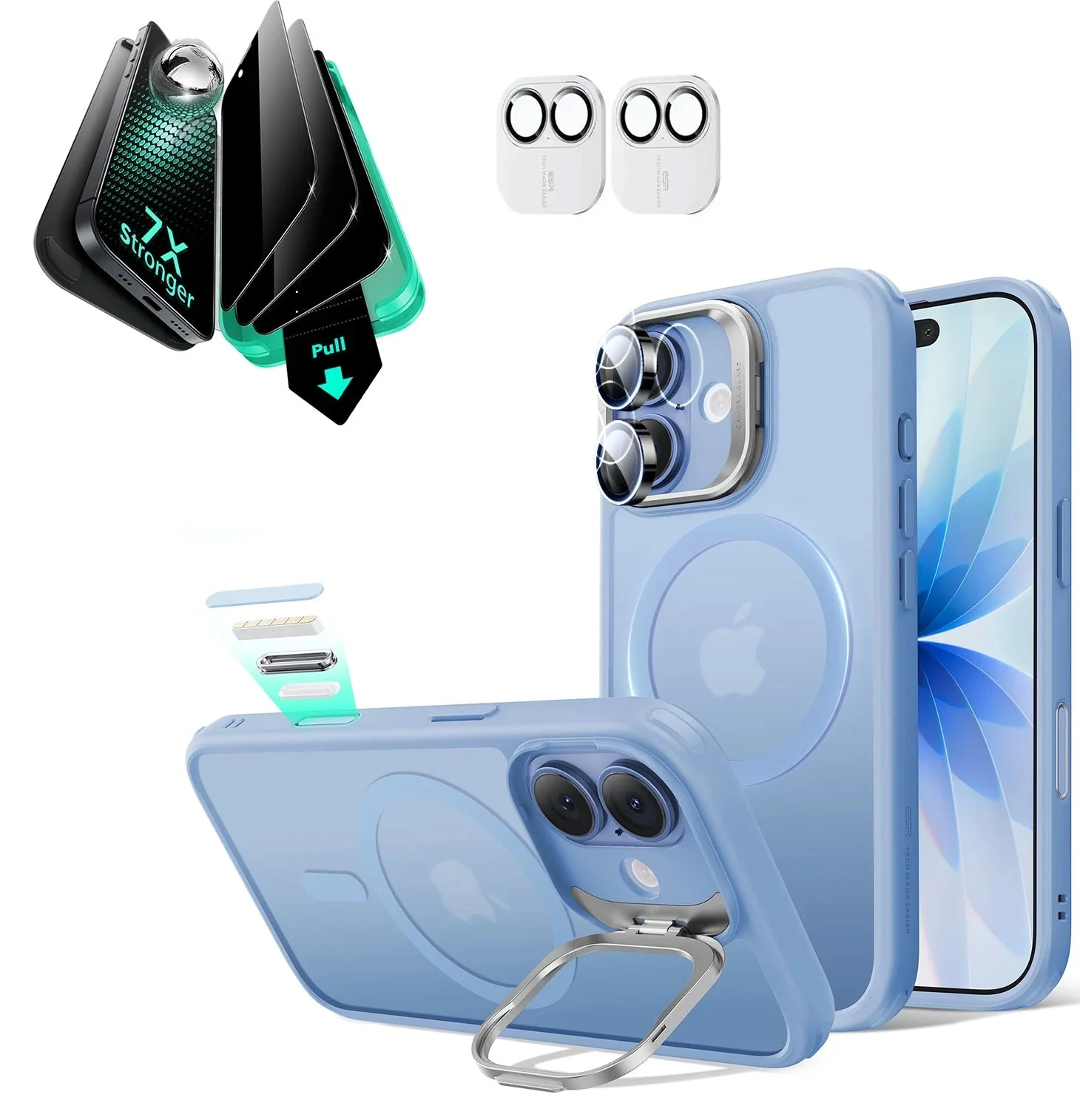 iPhone 17 Bundle Classic Hybrid Magnetic Case (Camera Control, Stash Stand) and Armorite Privacy Screen Protector - Frosted Light Blue