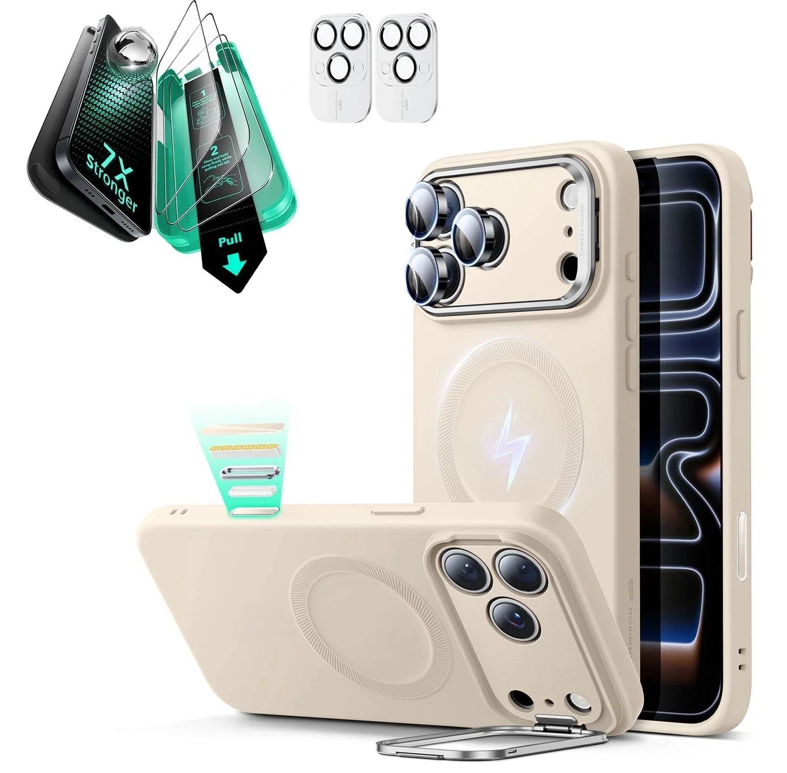 iPhone 17 Pro Cloud Soft Magnetic Case (Camera Control, Stash Stand) Armorite Protection Bundle - Light Tan