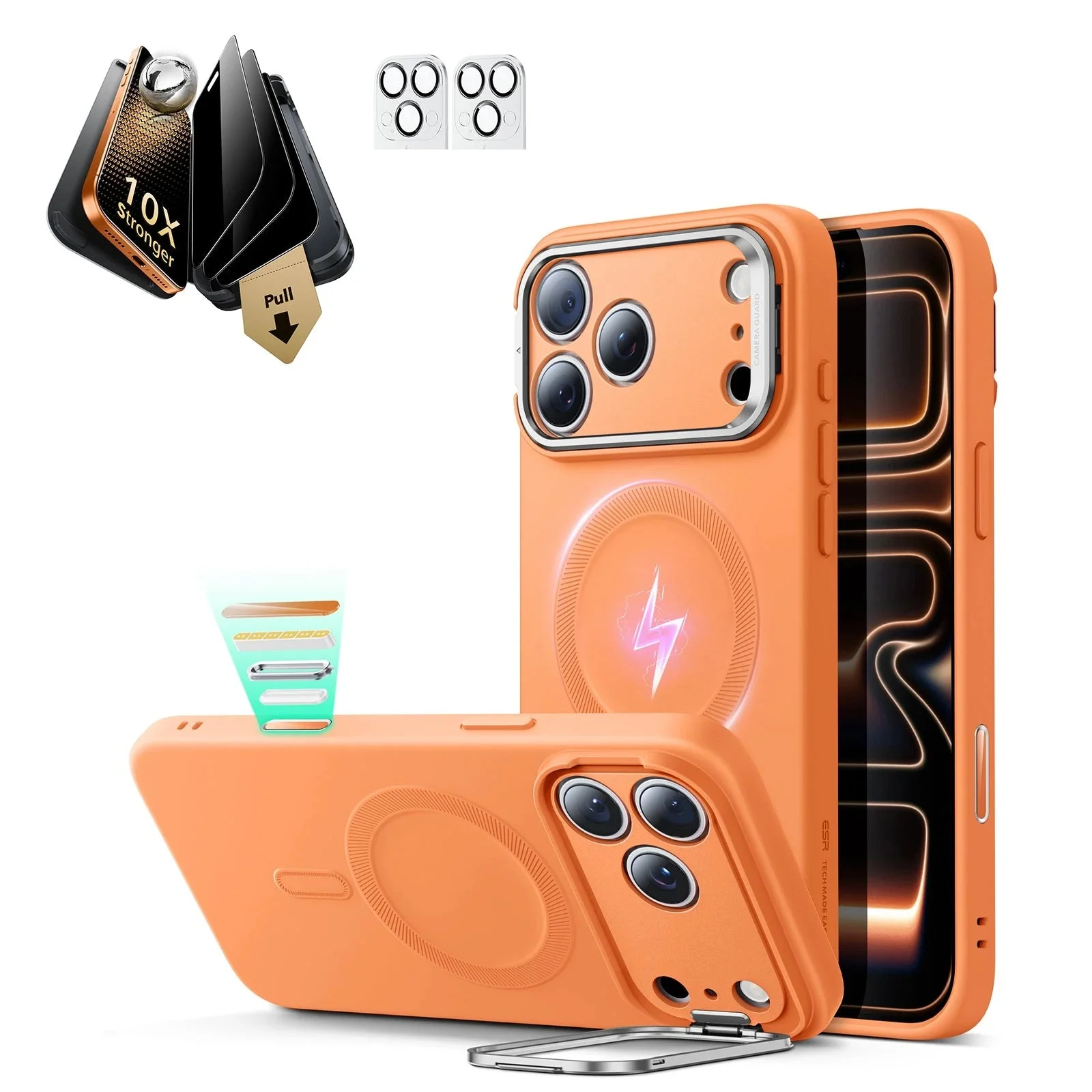 iPhone 17 Pro Max Bundle Cloud Soft Magnetic Case (Stash Stand) and Armorite Pro Privacy Screen Protector - Orange