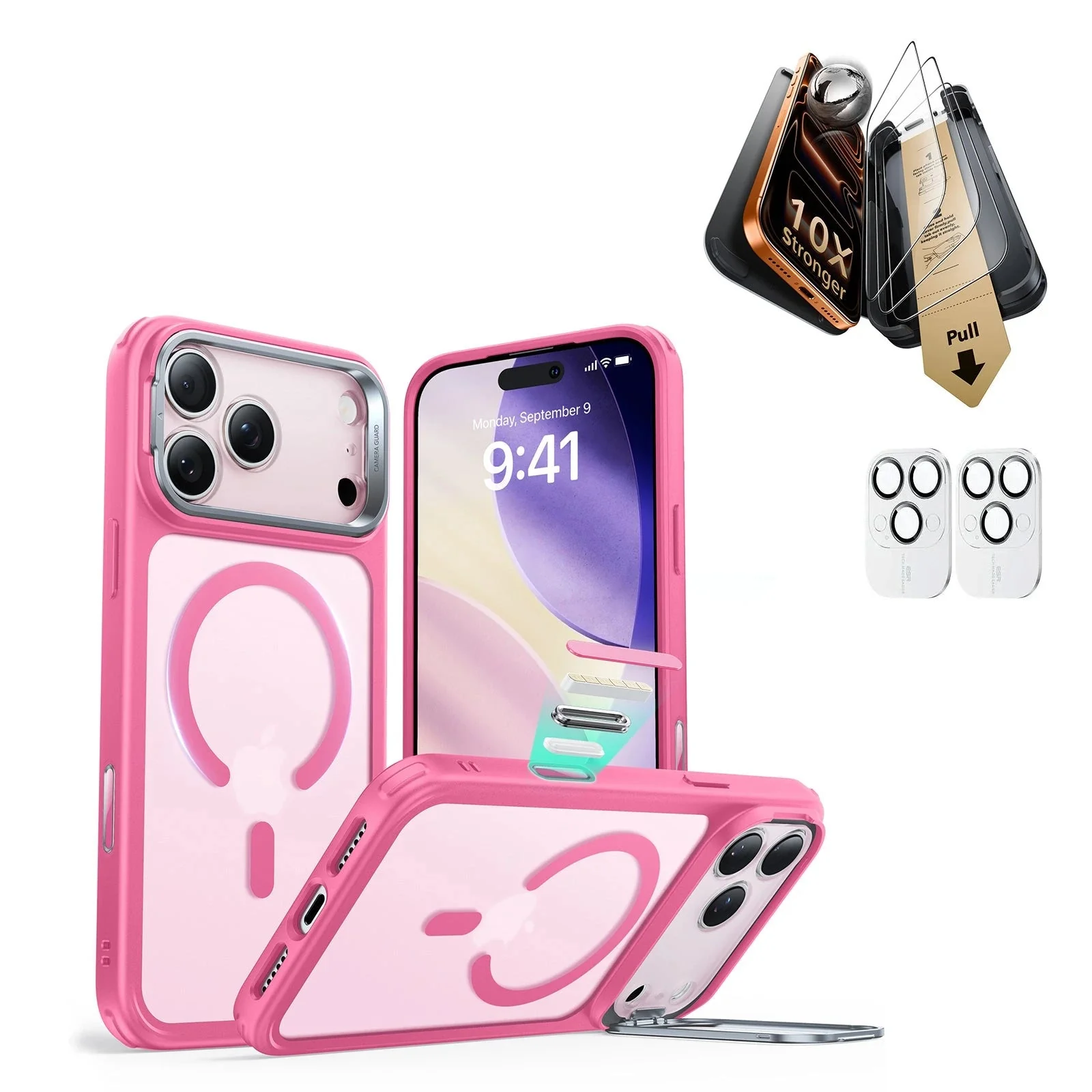 iPhone 17 Pro Max Bundle Classic Hybrid Magnetic Case (Camera Control, Stash Stand) and Armorite Pro Screen Protector - Frosted Pink