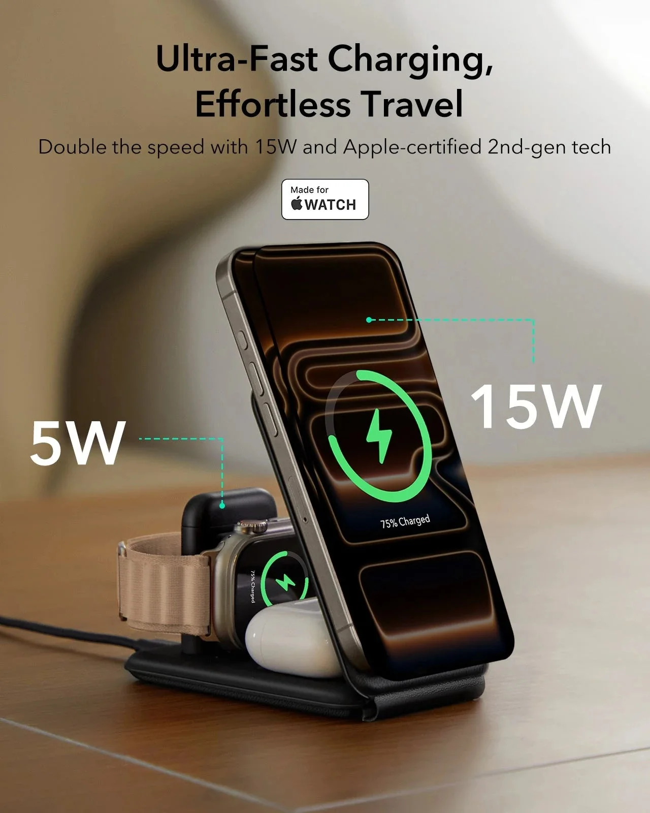 15W 3-in-1 Travel Wireless Charging Set (Bag Included) - White - UK Plug - Image 2