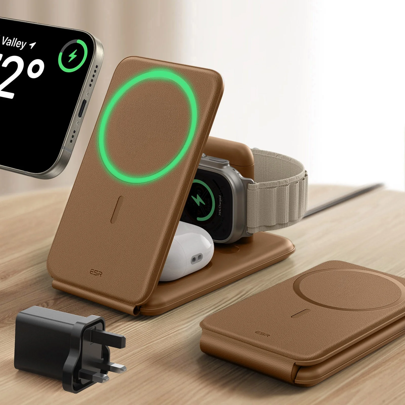 15W 3-in-1 Travel Wireless Charging Set - Brown - UK Plug