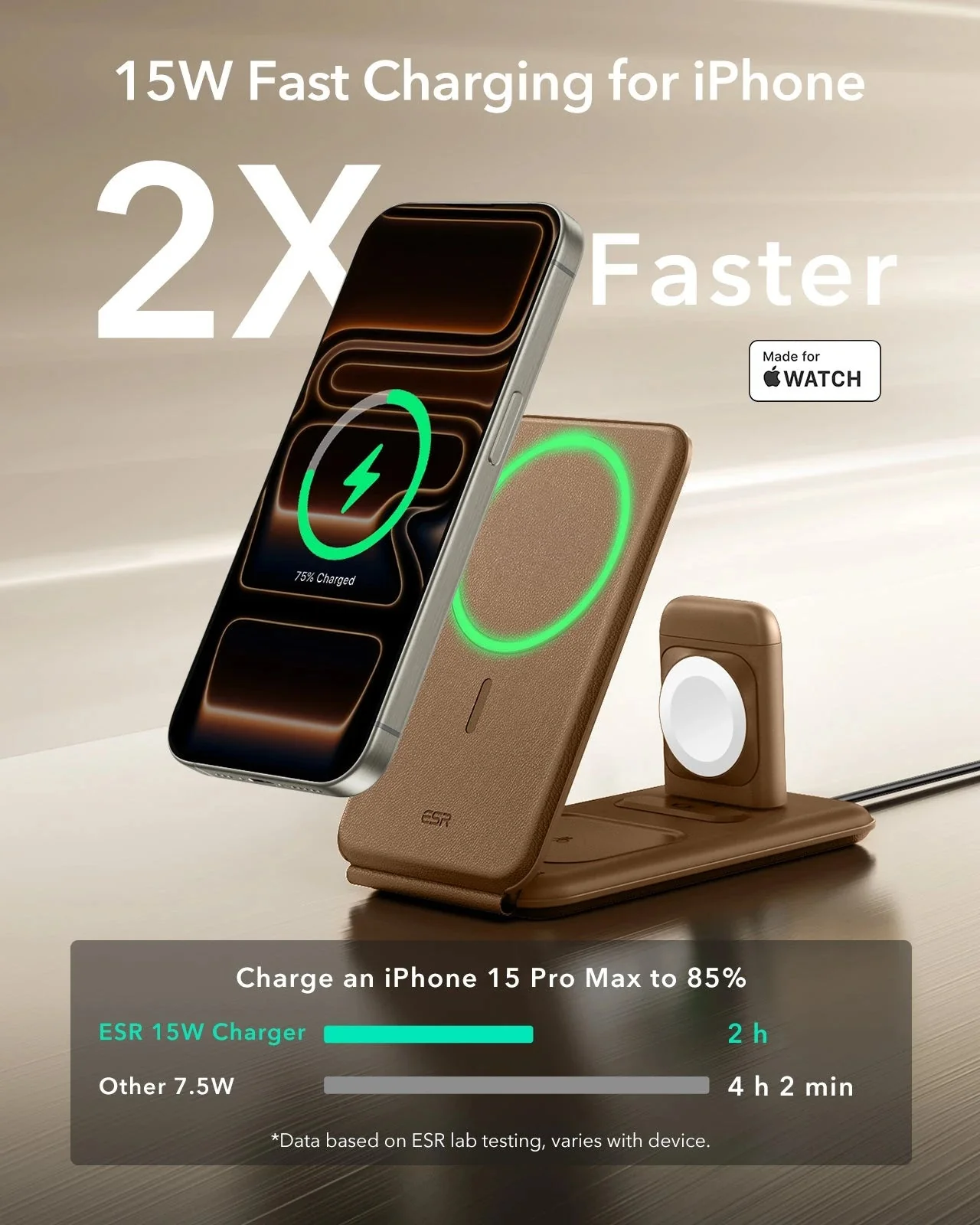 15W 3-in-1 Travel Wireless Charging Set - Brown - UK Plug - Image 7