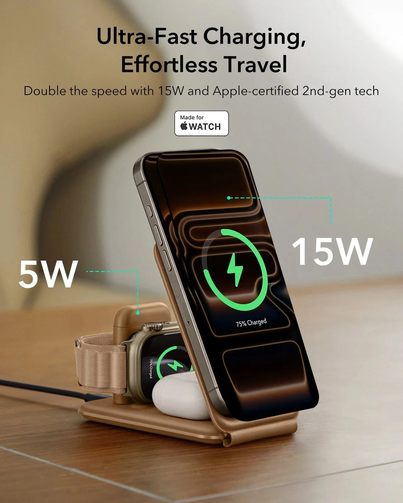 15W 3-in-1 Travel Wireless Charging Set - Brown - UK Plug - Image 8