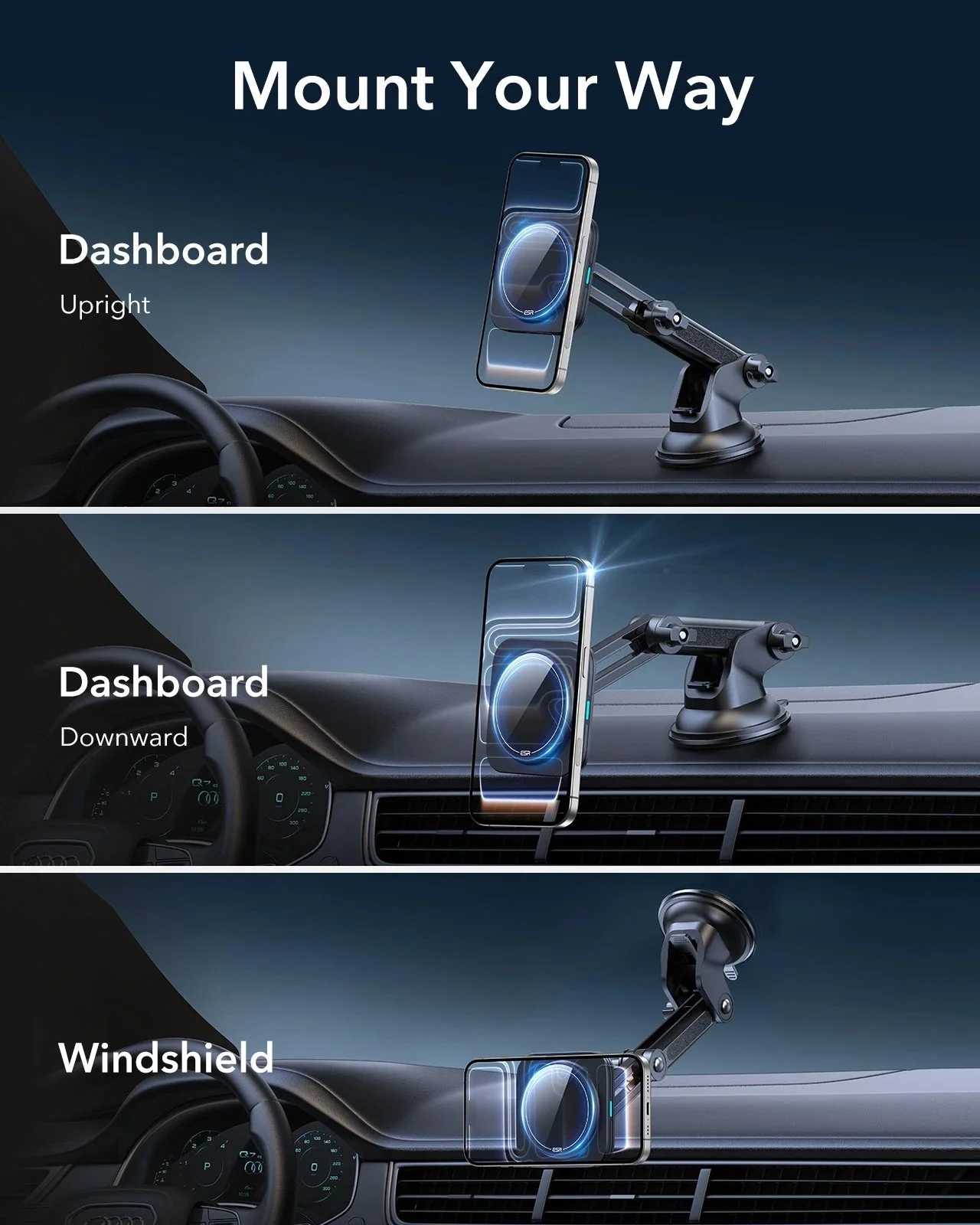 15W Dashboard Wireless Car Charger (HaloLock) - Black - Image 3