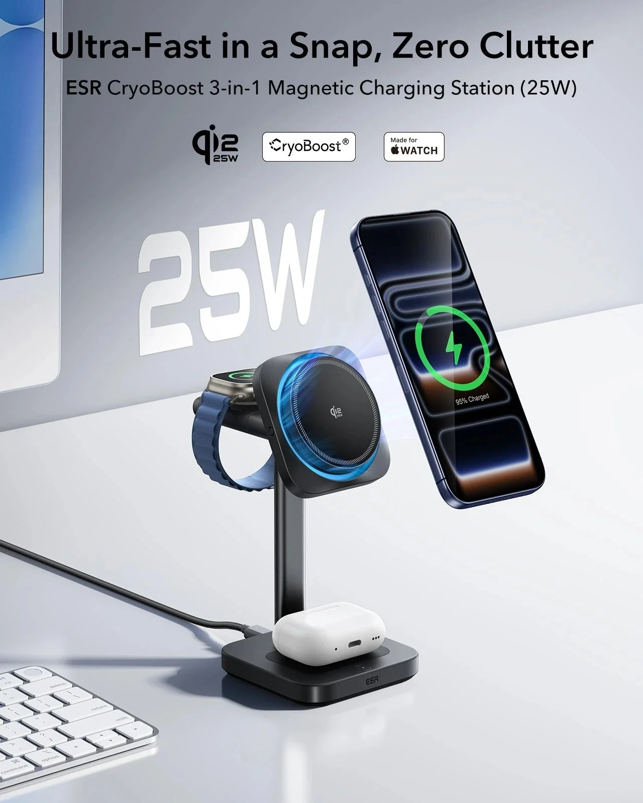 25W CryoBoost 3-in-1 Magnetic Charger (Qi2) and AirPods Pro 3 Pulse FlickLock Case Bundle - US Plug–White - Image 4